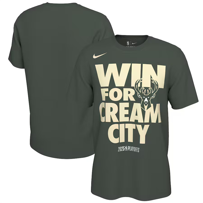 Men's Green Milwaukee Bucks Hunter 2025 Playoffs On-Court Mantra T-Shirt